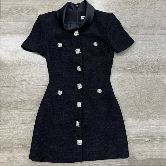 Self-Portrait NEW BLACK BOUCLE COLLARED MINI DRESS - Picture 6 of 7